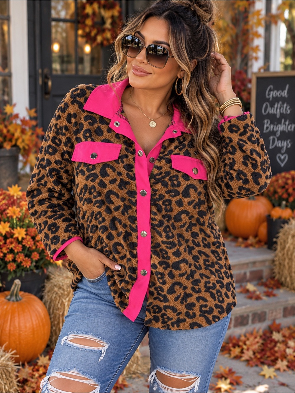 Leopard Print Button-Down Shirt Jacket with Hot Pink Trim - Women Tops